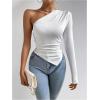 imageMakeMeChic Womens Rib Knit One Shoulder Ruched Tee Tops Asymmetrical Long Sleeve Slim Fitted T ShirtsWhite