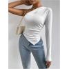 imageMakeMeChic Womens Rib Knit One Shoulder Ruched Tee Tops Asymmetrical Long Sleeve Slim Fitted T ShirtsWhite