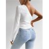 imageMakeMeChic Womens Rib Knit One Shoulder Ruched Tee Tops Asymmetrical Long Sleeve Slim Fitted T ShirtsWhite