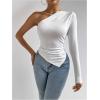 imageMakeMeChic Womens Rib Knit One Shoulder Ruched Tee Tops Asymmetrical Long Sleeve Slim Fitted T ShirtsWhite