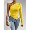 imageMakeMeChic Womens Rib Knit One Shoulder Ruched Tee Tops Asymmetrical Long Sleeve Slim Fitted T ShirtsYellow