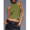 imageMakeMeChic Womens Sleeveless Mock Neck Sweater Tops Open Back Knit Crop Halter TopArmy Green