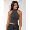 imageMakeMeChic Womens Sleeveless Mock Neck Sweater Tops Open Back Knit Crop Halter TopBrown
