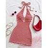 imageMakeMeChic Womens Striped Halter Mini Dress Tie Backless Bodycon Y2k Short DressesRed and White