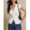 imageMakeMeChic Womens Textured Cap Sleeve Collared Slim Fit Button Down Shirt Tee TopsWhite