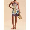 imageMakeMeChic Womens Tropical Print Halter Dress Tie Backless Spaghetti Strap Boho Short DressesMulticolor