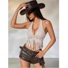 imageMakeMeChic Womens Western Cowgirl Fringe Faux Suede Halter Tops Tie Backless Sleeveless Rodeo Concert OutfitsApricot