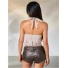 imageMakeMeChic Womens Western Cowgirl Fringe Faux Suede Halter Tops Tie Backless Sleeveless Rodeo Concert OutfitsApricot
