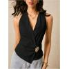 imageMakeMeChic Womens Wrap V Neck Blouse Sleeveless Vest Tops Tie Back Old Money Elegant Office ShirtBlack