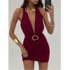 imageMakeMeChic Womens Y2K Deep V Neck Mini Dress Halter Open Back Summer Party Bodycon DressesBurgundy