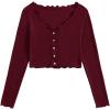 imageMakeMeChic Womens Casual V Neck Lettuce Trim Rib Knitted Long Sleeve Button Down Tee Shirt TopsBurgundy