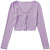 imageMakeMeChic Womens Casual V Neck Lettuce Trim Rib Knitted Long Sleeve Button Down Tee Shirt TopsLilac Purple