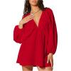 imageMakeMeChic Womens Deep V Neck Lantern Sleeve Dress Backless Summer Smock Mini DressesRed