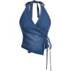 imageMakeMeChic Womens Halter Denim Top Wrap Asymmetrical Backless Fitted Y2K Crop TopsBlue