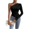 imageMakeMeChic Womens Rib Knit One Shoulder Ruched Tee Tops Asymmetrical Long Sleeve Slim Fitted T ShirtsBlack