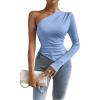 imageMakeMeChic Womens Rib Knit One Shoulder Ruched Tee Tops Asymmetrical Long Sleeve Slim Fitted T ShirtsLight Blue