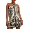 imageMakeMeChic Womens Tropical Print Halter Dress Tie Backless Spaghetti Strap Boho Short DressesApricot