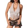 imageMakeMeChic Womens Western Cowgirl Fringe Faux Suede Halter Tops Tie Backless Sleeveless Rodeo Concert OutfitsApricot