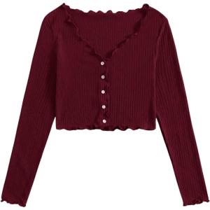 imageMakeMeChic Womens Casual V Neck Lettuce Trim Rib Knitted Long Sleeve Button Down Tee Shirt TopsBurgundy