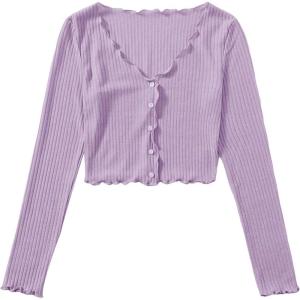 imageMakeMeChic Womens Casual V Neck Lettuce Trim Rib Knitted Long Sleeve Button Down Tee Shirt TopsLilac Purple