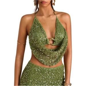 imageMakeMeChic Womens Crochet Halter Top Tie Open Back Metal Ring Draped Front Y2k Sexy Rave Festival Concert TopsSequin Green