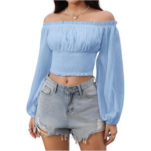 imageMakeMeChic Womens Crop Tops Long Sleeve Off The Shoulder Tops Ruched Boho Party Blouse Going Out TopBlue