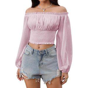 imageMakeMeChic Womens Crop Tops Long Sleeve Off The Shoulder Tops Ruched Boho Party Blouse Going Out TopPink