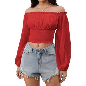 imageMakeMeChic Womens Crop Tops Long Sleeve Off The Shoulder Tops Ruched Boho Party Blouse Going Out TopRed