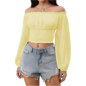 imageMakeMeChic Womens Crop Tops Long Sleeve Off The Shoulder Tops Ruched Boho Party Blouse Going Out TopYellow