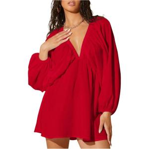imageMakeMeChic Womens Deep V Neck Lantern Sleeve Dress Backless Summer Smock Mini DressesRed
