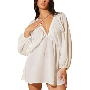 imageMakeMeChic Womens Deep V Neck Lantern Sleeve Dress Backless Summer Smock Mini DressesWhite