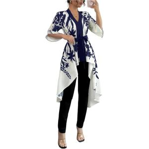 imageMakeMeChic Womens Floral Bell Sleeve Blouse V Neck High Low Tie Front Work Dressy TopsBlue