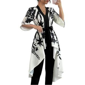 imageMakeMeChic Womens Floral Bell Sleeve Blouse V Neck High Low Tie Front Work Dressy TopsMulticolor