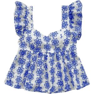 imageMakeMeChic Womens Floral Ruffle Sleeve Babydoll Shirts Sweetheart Neck Blouse Summer TopsBlue and White