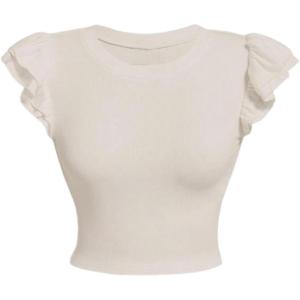 imageMakeMeChic Womens Flutter Sleeve Crew Neck Tee Shirt Rib Knitted Slim Fit Summer Crop TopApricot