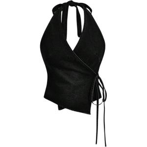 imageMakeMeChic Womens Halter Denim Top Wrap Asymmetrical Backless Fitted Y2K Crop TopsBlack