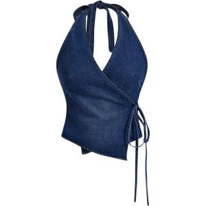 imageMakeMeChic Womens Halter Denim Top Wrap Asymmetrical Backless Fitted Y2K Crop TopsDeep Blue