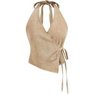 imageMakeMeChic Womens Halter Denim Top Wrap Asymmetrical Backless Fitted Y2K Crop TopsKhaki