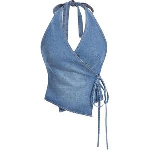 imageMakeMeChic Womens Halter Denim Top Wrap Asymmetrical Backless Fitted Y2K Crop TopsLight Blue