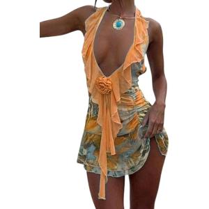 imageMakeMeChic Womens Halter Dresses Ruffle Deep V Neck Backless Bodycon Sexy Mini DressOrange