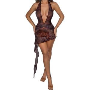 imageMakeMeChic Womens Halter Dresses Tie Dye Deep V Neck Backless Bodycon Sexy Mini DressDark Brown