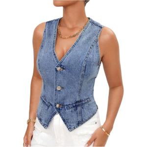 imageMakeMeChic Womens Jean Vest Top Y2k V Neck Sleeveless Denim Top Single Breasted Crop Jacket Cowboy ChicBlue