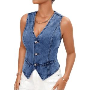 imageMakeMeChic Womens Jean Vest Top Y2k V Neck Sleeveless Denim Top Single Breasted Crop Jacket Cowboy ChicDark Wash