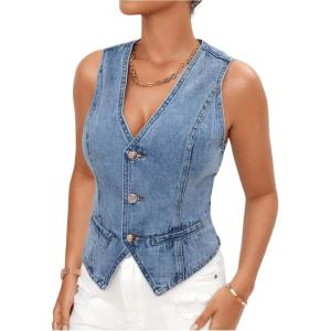 imageMakeMeChic Womens Jean Vest Top Y2k V Neck Sleeveless Denim Top Single Breasted Crop Jacket Cowboy ChicMedium Wash