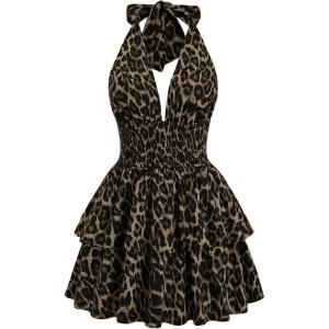 imageMakeMeChic Womens Leopard Print Halter Dress Tie Backless Tiered Ruffle Shirred Y2k Mini DressesBrown