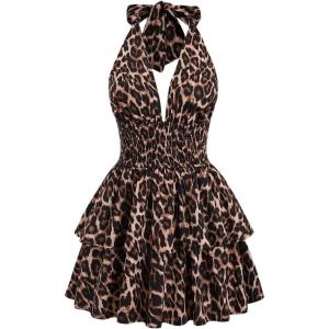 imageMakeMeChic Womens Leopard Print Halter Dress Tie Backless Tiered Ruffle Shirred Y2k Mini DressesMulticolor