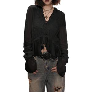 imageMakeMeChic Womens Long Sleeve Ruffle Trim Mesh Blouse Tie V Neck Y2K Crop Fairy TopsBlack