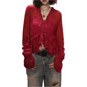 imageMakeMeChic Womens Long Sleeve Ruffle Trim Mesh Blouse Tie V Neck Y2K Crop Fairy TopsBurgundy