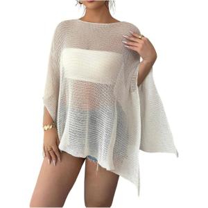 imageMakeMeChic Womens Mesh Sheer Poncho Top Crochet Knit Asymmetric Shawl Summer Beach Cover UpApricot