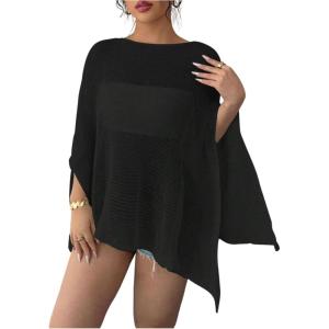 imageMakeMeChic Womens Mesh Sheer Poncho Top Crochet Knit Asymmetric Shawl Summer Beach Cover UpBlack